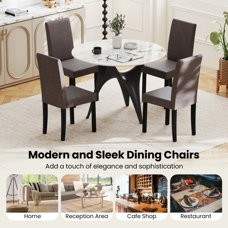 Mid-century modern dining chairs in brown fabric with rubber wood frame, ideal for home or restaurant settings.