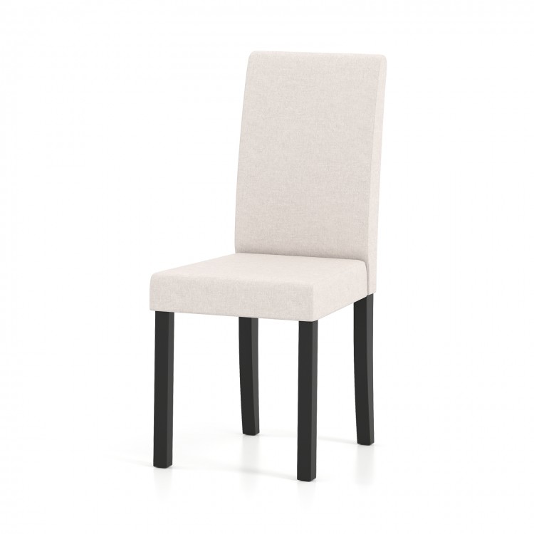Beige upholstered dining chair with rubber wood frame, curved backrest, and thick padding for comfort and support.