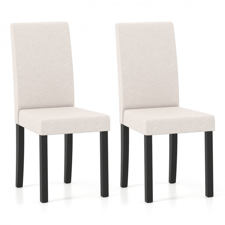 Set of 2 beige mid-century modern dining chairs with rubber wood frames and thick padded cushions for comfort.