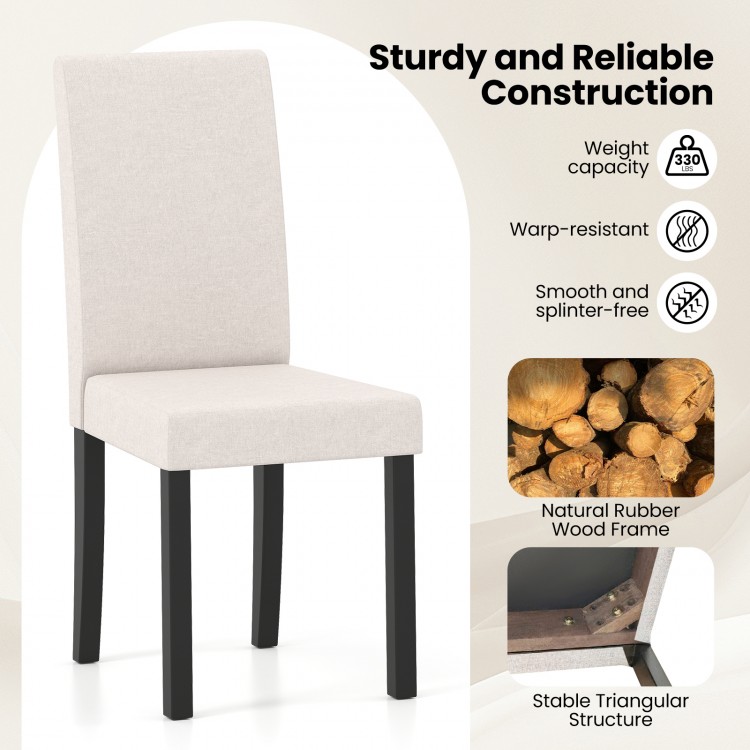 Beige upholstered dining chair with rubber wood frame, offering 330 lbs capacity and curved backrest for comfort.