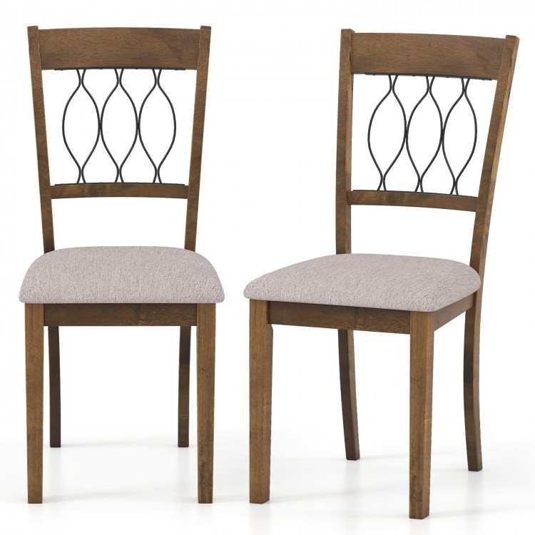 Set of 2 rustic brown dining chairs with padded seats and elegant hallow back, perfect for stylish dining spaces.