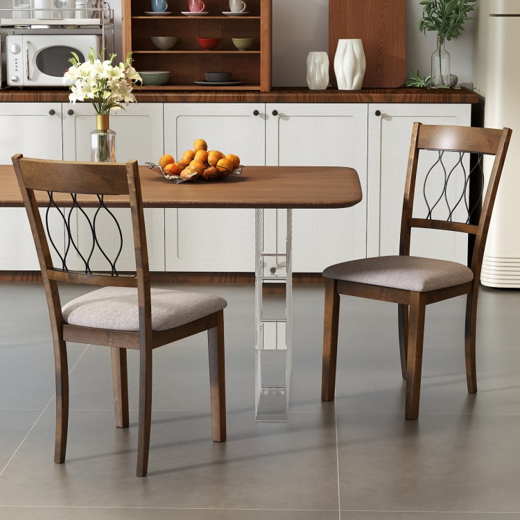 Rustic brown dining chairs with padded seats and hallow backrest, perfect for stylish dining room setups.