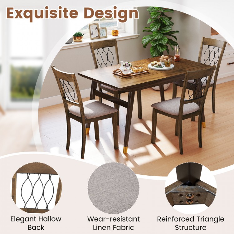 Rustic brown dining chair with padded seat, hallow back design, and sturdy rubber wood frame for comfortable dining.