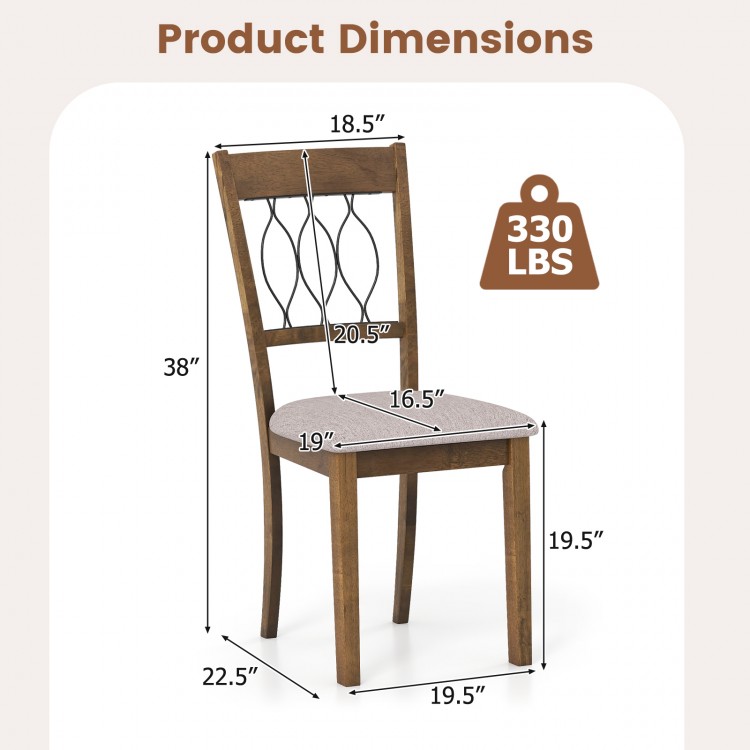 Rustic brown dining chair with padded seat, curved backrest, and sturdy rubber wood frame, supports up to 330 lbs.