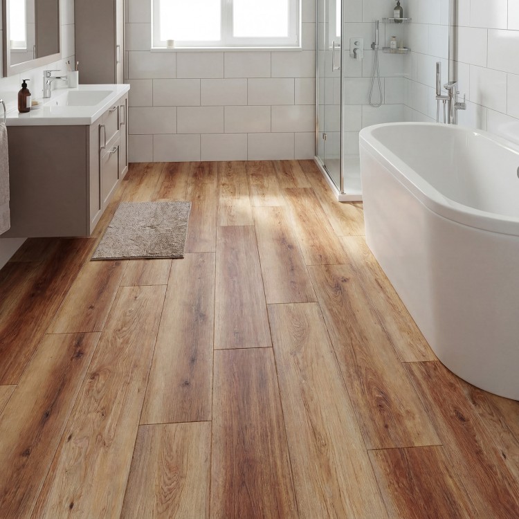 Waterproof vinyl plank flooring in brown with 3D wood grain design, ideal for home and office use.