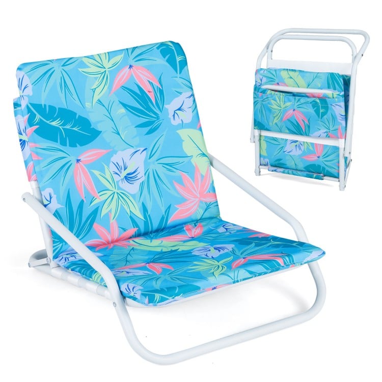 Folding beach chair with sponge padded seat in vibrant colors, designed for comfort and easy storage during outdoor activities.