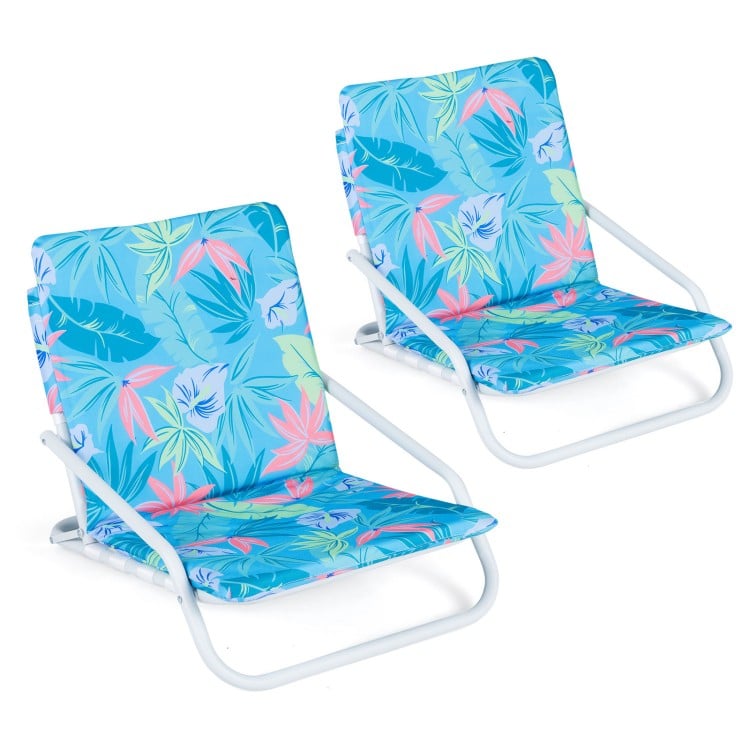 Set of 2 folding beach chairs with sponge padded seats in vibrant colors, perfect for camping and outdoor relaxation.