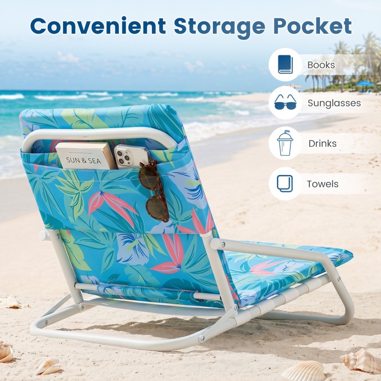 Folding beach chair with sponge padded seat, featuring a convenient storage pocket for sunglasses and drinks.
