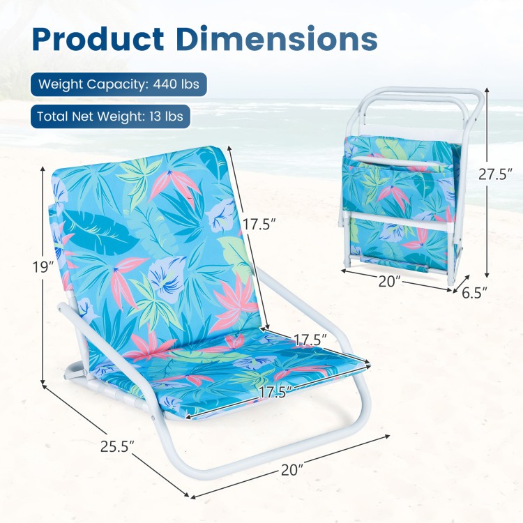 Folding beach chair set features a vibrant floral design, sponge padded seat, and compact storage for outdoor comfort.