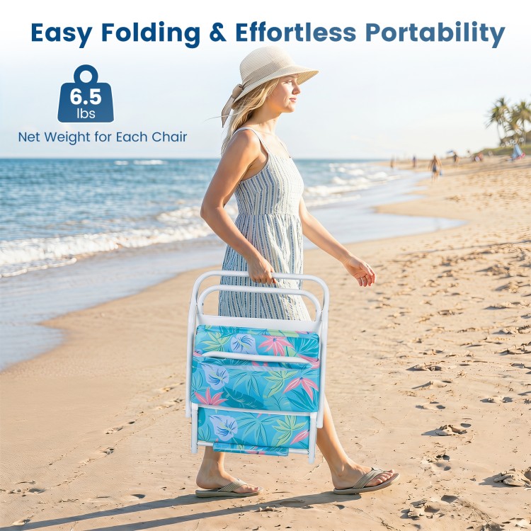 Folding beach chair set with sponge padded seats, lightweight design, and vibrant colors for comfortable outdoor lounging.