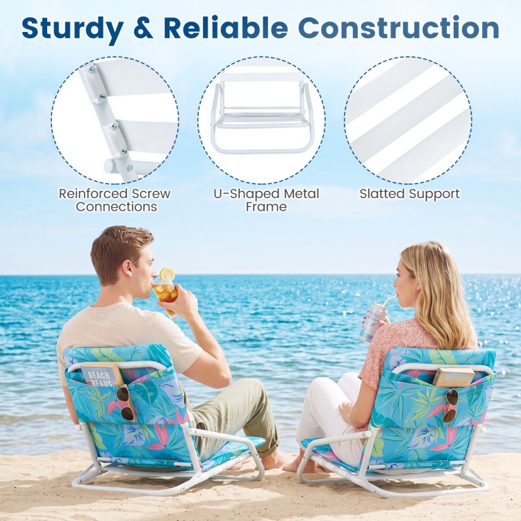 Set of 2 folding beach chairs with sponge padded seats, U-shaped metal frame, perfect for camping and beach days.