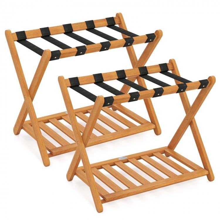 Set of 2 folding luggage racks made of acacia wood with nylon straps and slatted storage shelf for organized use.