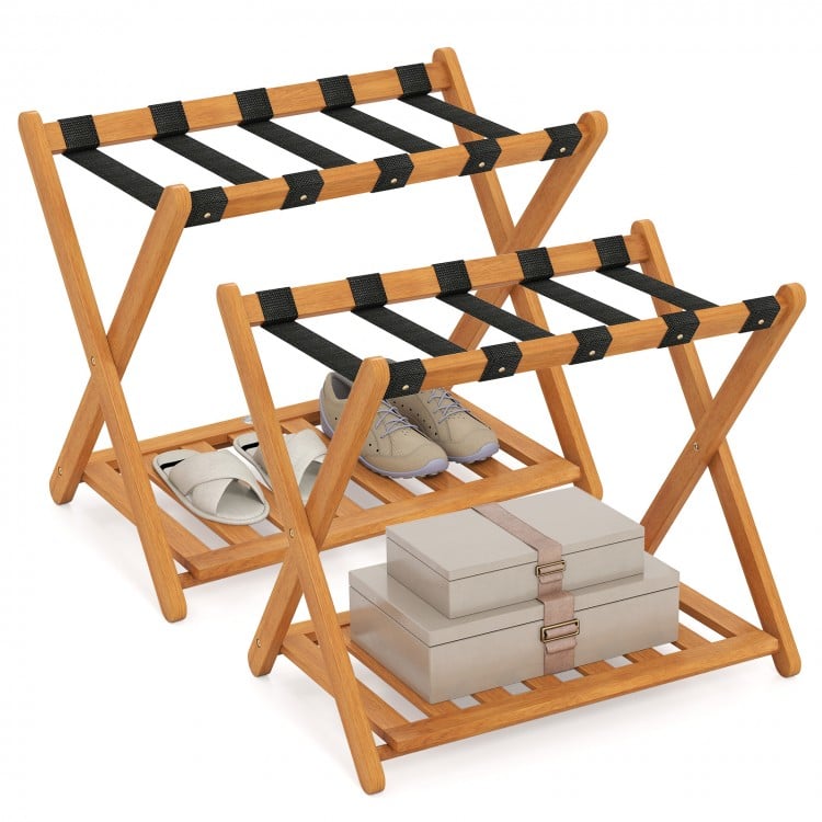 Set of 2 folding luggage racks with solid acacia wood frame, 5 nylon straps, and slatted storage shelf for organized.
