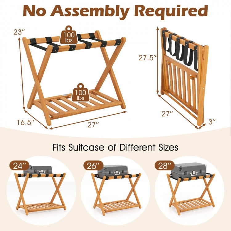 Folding luggage rack made of acacia wood with 5 nylon straps, ideal for guest rooms and hotels, no assembly required.