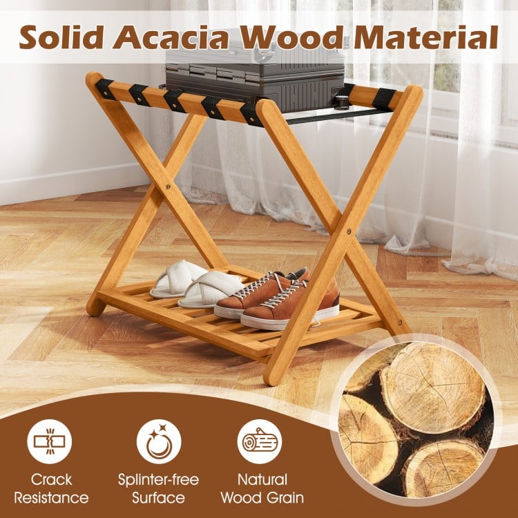Folding luggage rack made of solid acacia wood with 5 nylon straps and slatted storage shelf, ideal for guest rooms.
