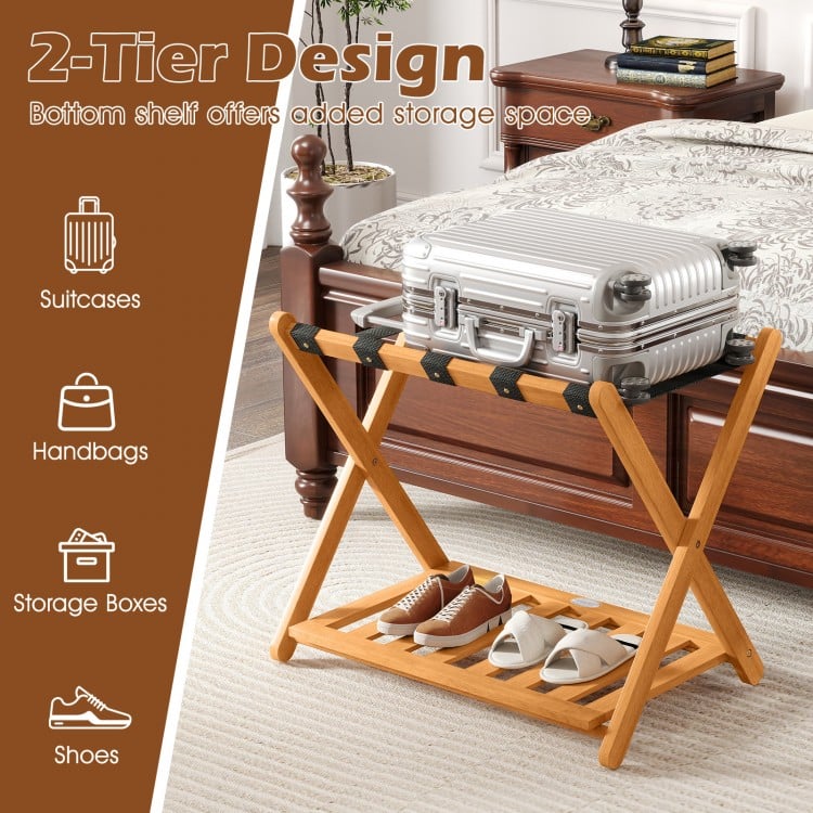 Folding luggage rack with acacia wood frame, nylon straps, and slatted storage shelf for organized bedroom use.