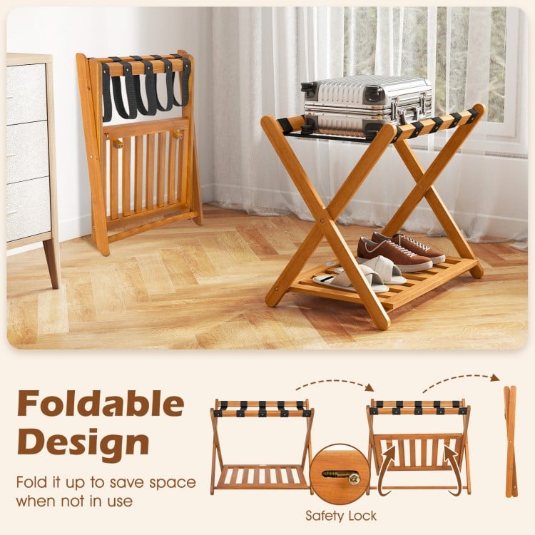 Set of 2 folding luggage racks with acacia wood frame, nylon straps, and slatted shelf, ideal for bedroom organization.