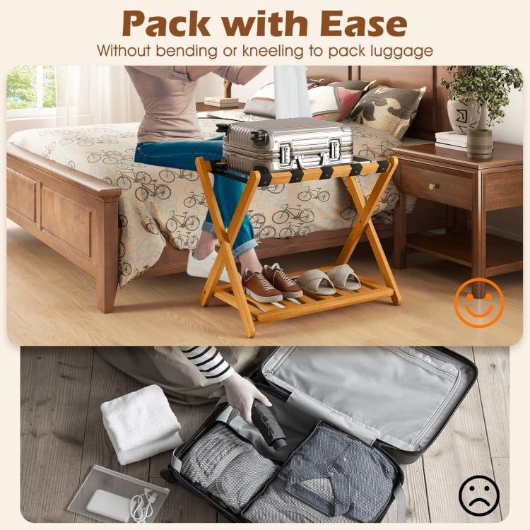 Folding luggage rack with acacia wood frame and nylon straps, ideal for organizing luggage in bedrooms or hotels.