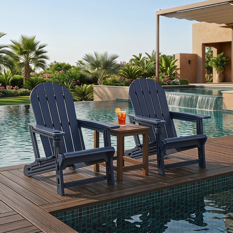 Two blue HDPE Adirondack chairs with cup holder, featuring a wooden texture, perfect for patio relaxation by the poolside.