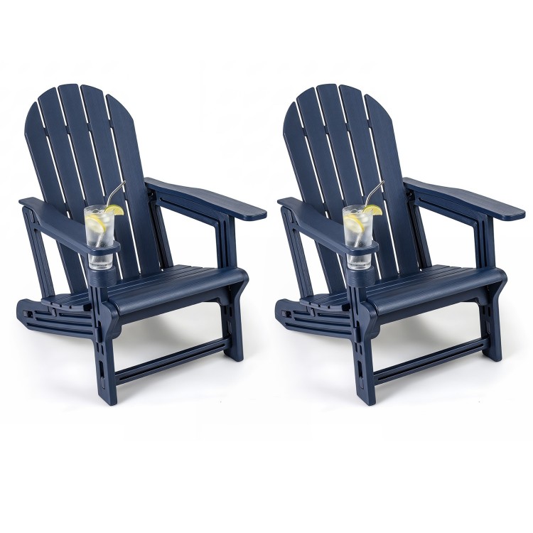 Side view of a blue HDPE Adirondack chair with a cup holder, showcasing its weather-resistant design for outdoor enjoyment.