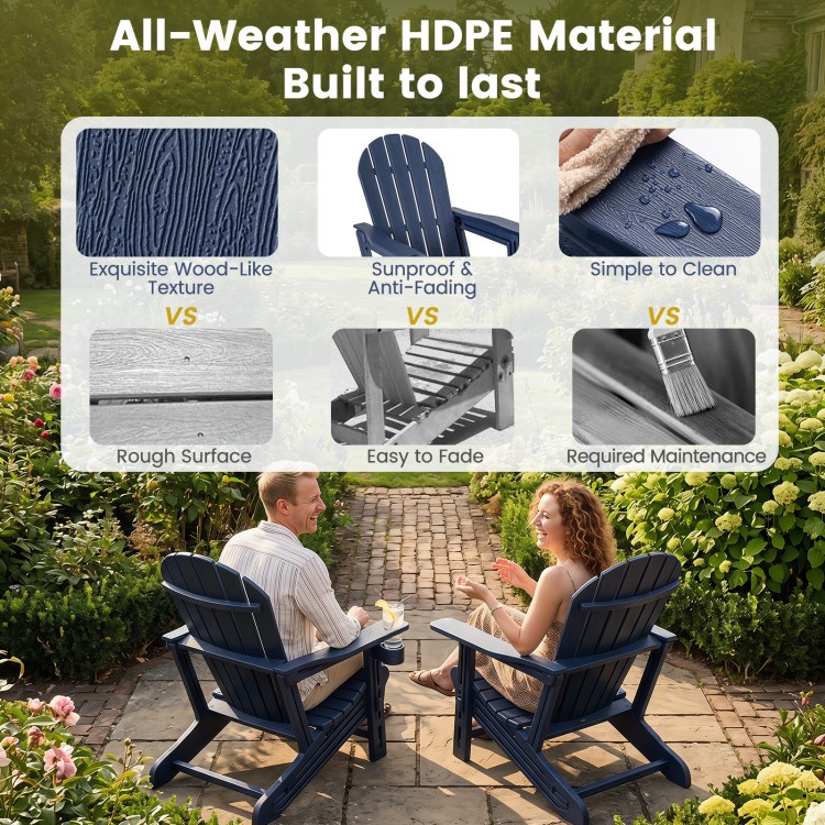 Set of 2 blue HDPE Adirondack chairs with cup holder, featuring a wood-like texture, perfect for patio relaxation.