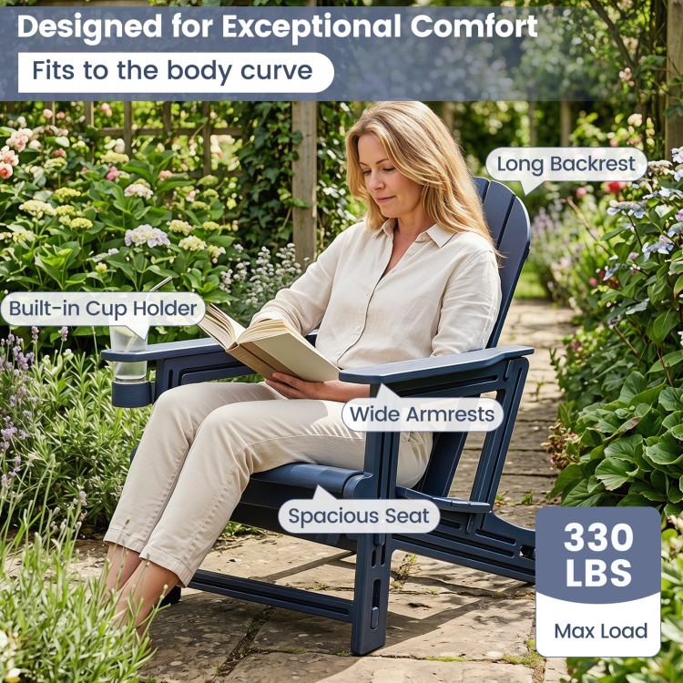 Blue HDPE Adirondack chair with cup holder features a spacious seat and ergonomic backrest, perfect for patio relaxation.