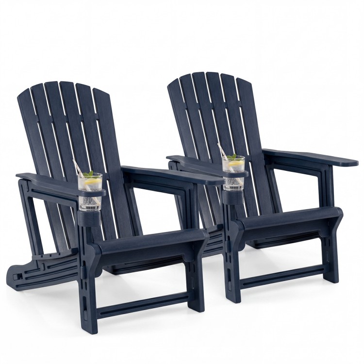 Two HDPE Adirondack chairs with a wood-like texture, cup holders, and wide seats for outdoor relaxation by the fire pit.