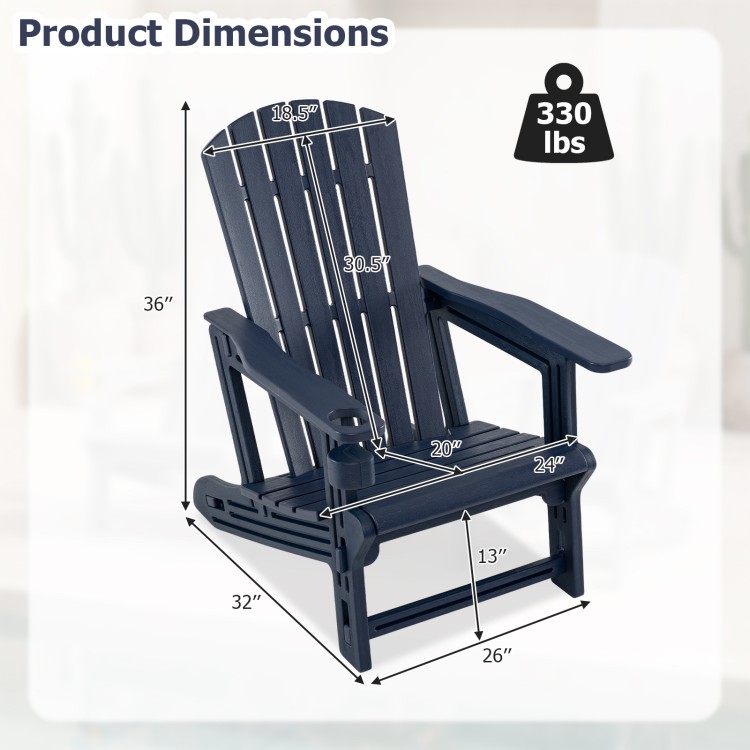 Adirondack chair with wood-like texture, cup holder, and wide seat, designed for outdoor use and supports 330 lbs.