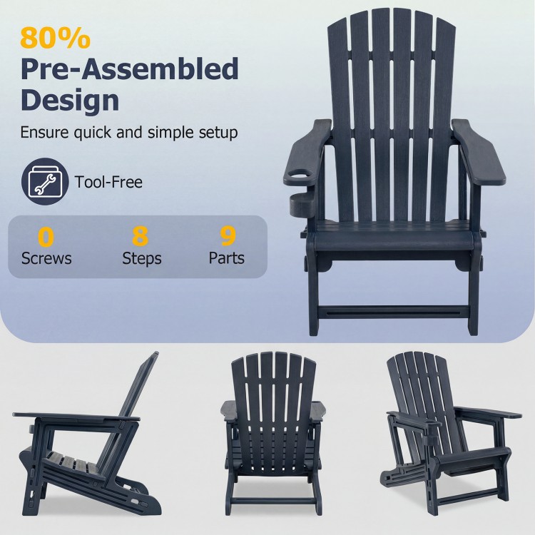 Adirondack chair with a wood-like texture, built-in cup holder, and high backrest, ideal for outdoor relaxation.