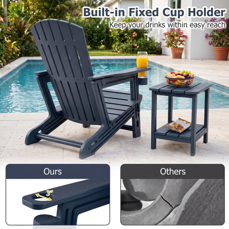 HDPE Adirondack chair showcasing a built-in cup holder and realistic wood-like texture, ideal for garden and patio use.