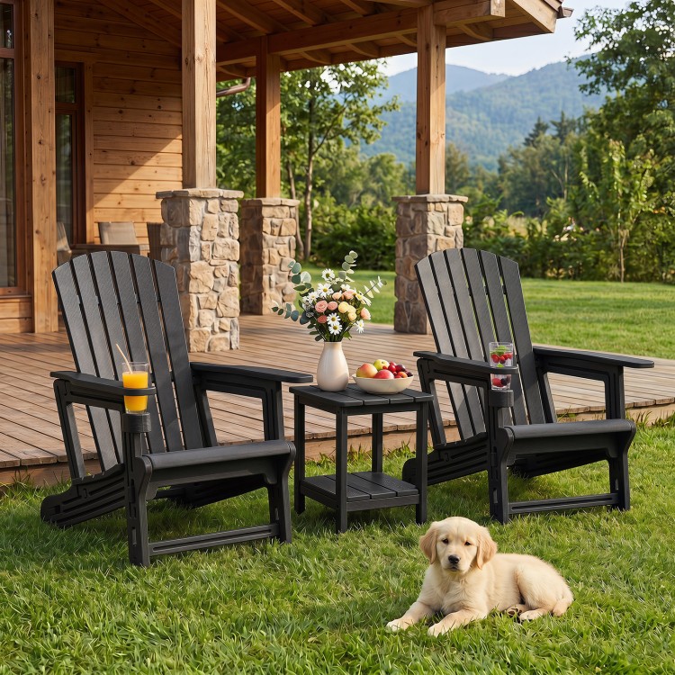 Two black HDPE Adirondack chairs with cup holders and wood-like texture, perfect for outdoor relaxation on the patio.