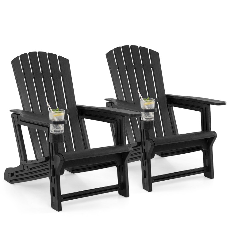 Set of 2 black HDPE Adirondack chairs with cup holders and wood-like texture, ideal for outdoor relaxation.