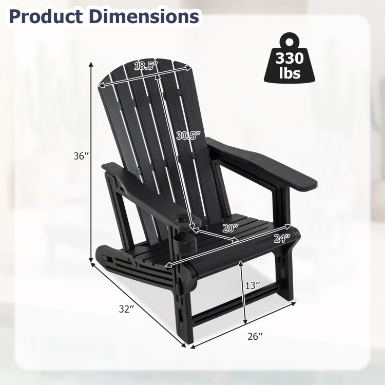 Black HDPE Adirondack chair with cup holder, featuring wood-like texture and dimensions for outdoor relaxation.