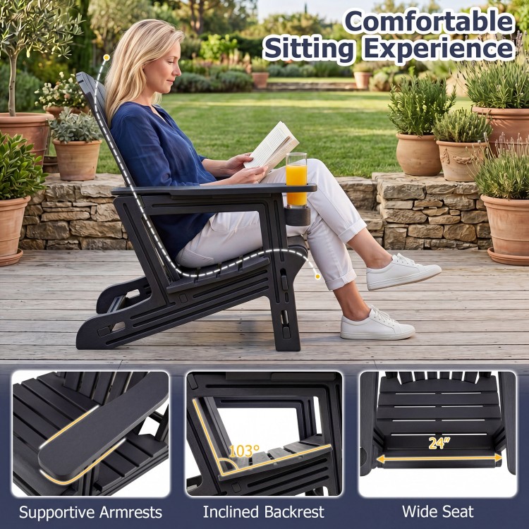 Black HDPE Adirondack chair with cup holder features a wide seat, supportive armrests, and a 103° inclined backrest for comfort.