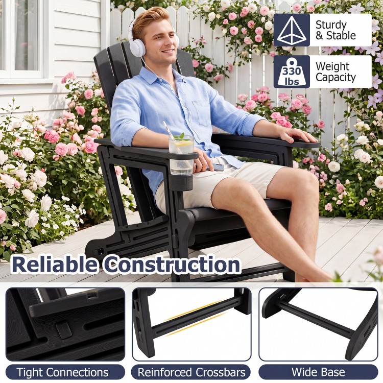 Black HDPE Adirondack chair with cup holder features a wood-like texture and supports up to 330 lbs for outdoor relaxation.
