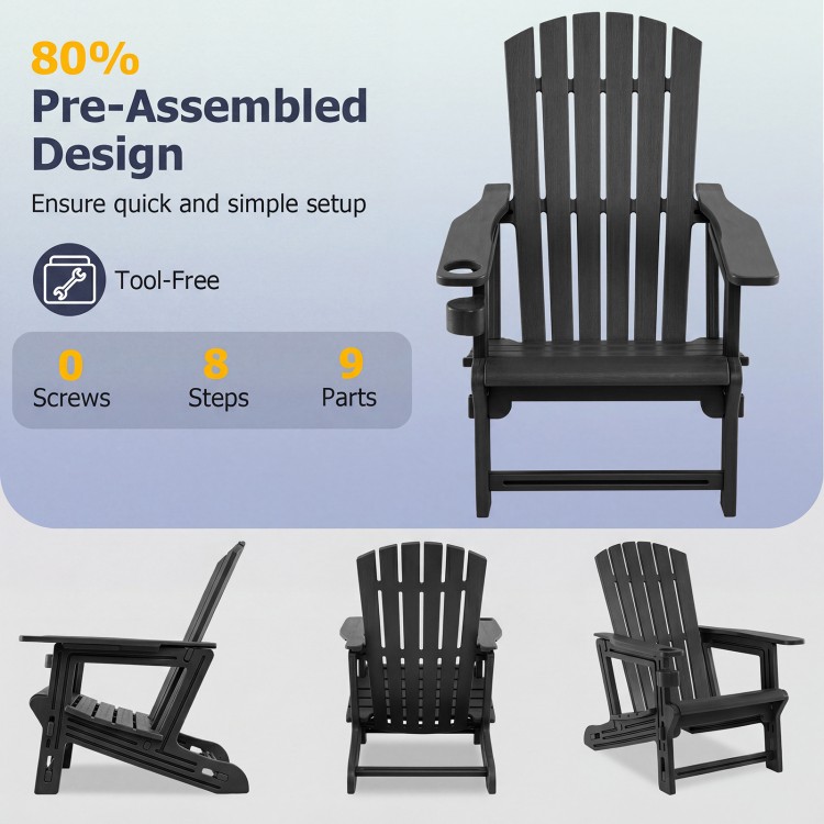 Black HDPE Adirondack chair with cup holder and wood-like texture, designed for outdoor relaxation and easy setup.