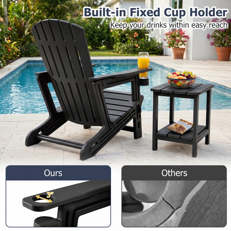 Black HDPE Adirondack chair with built-in cup holder and wood-like texture, perfect for relaxing by the poolside.