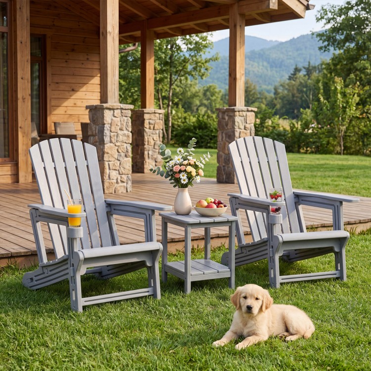 Two gray HDPE Adirondack chairs with cup holders and wood-like texture, perfect for relaxing in the garden.