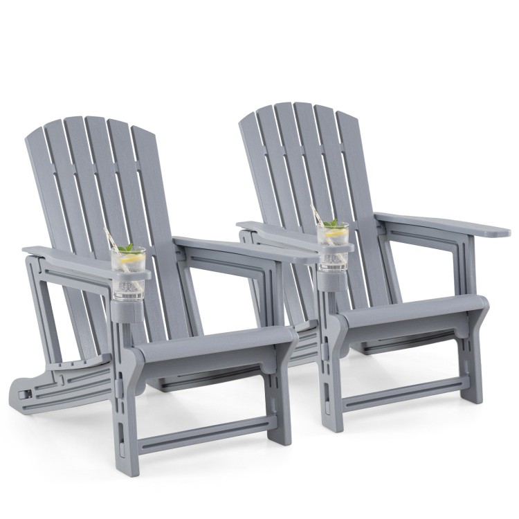 Set of 2 gray HDPE Adirondack chairs with cup holders and wood-like texture, perfect for outdoor relaxation and stability.