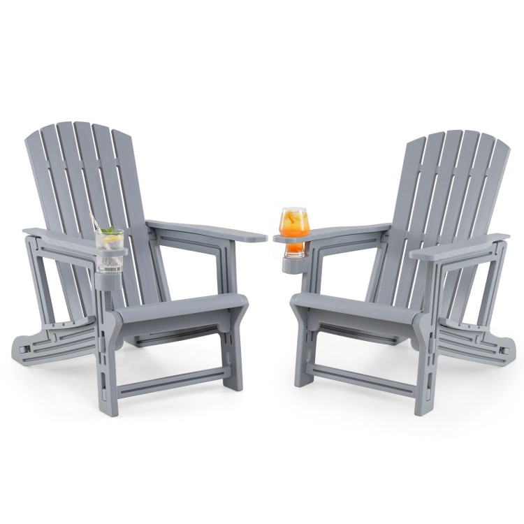 Set of 2 gray HDPE Adirondack chairs with cup holders and wood-like texture, perfect for outdoor relaxation.
