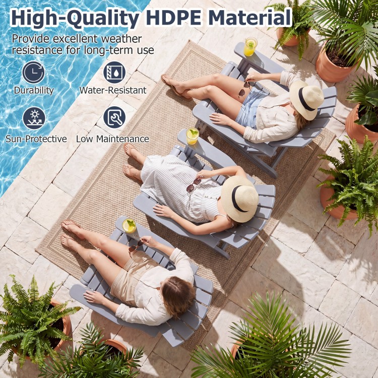 Set of 2 gray HDPE Adirondack chairs with a wood-like texture and built-in cup holder for outdoor relaxation.