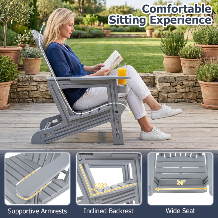 Gray HDPE Adirondack chair with cup holder features a wide seat, supportive armrests, and a 103° inclined backrest for comfort.
