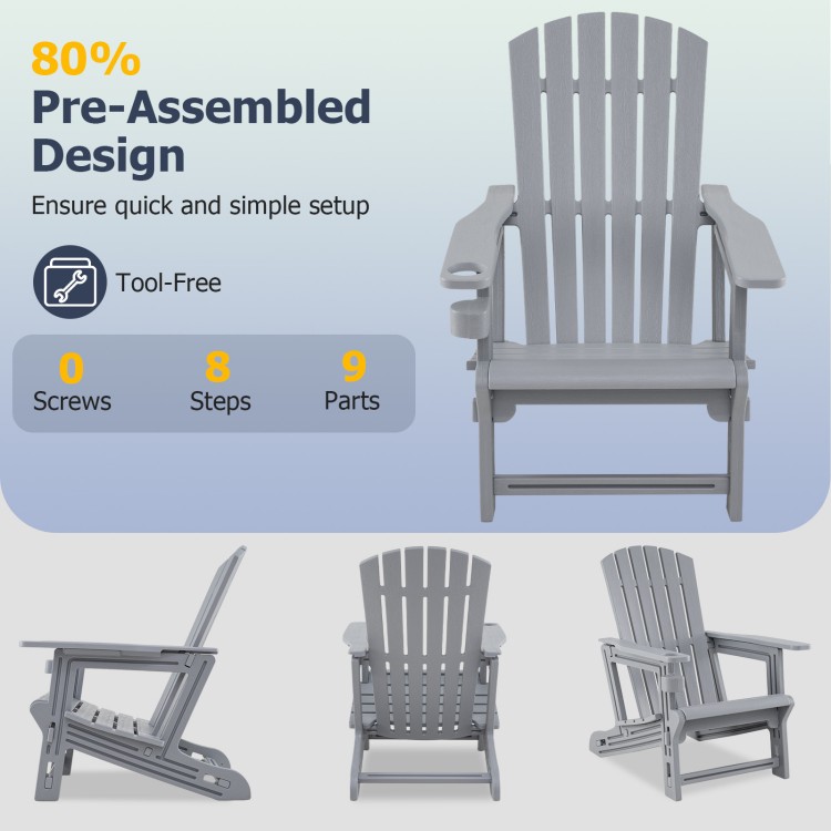 Gray HDPE Adirondack chair with cup holder features a wood-like texture, ideal for relaxing in gardens or patios.