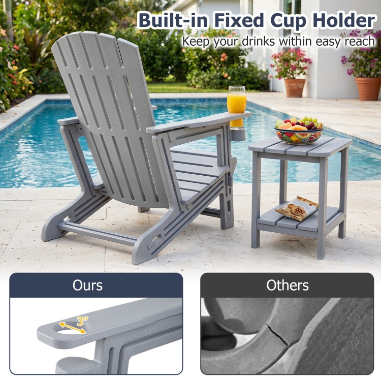 Gray HDPE Adirondack chair with built-in cup holder and wood-like texture, perfect for relaxing by the poolside.