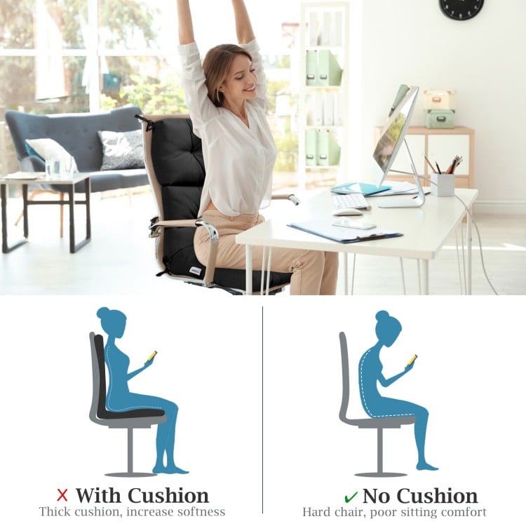 High back chair cushion set in black, shown with and without cushion for adjustable sitting comfort.