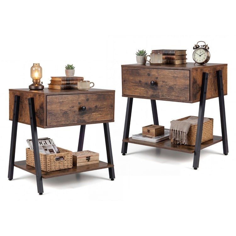 Industrial nightstand set featuring a rustic brown finish, spacious tabletop, and open storage shelf for versatile bedroom use.