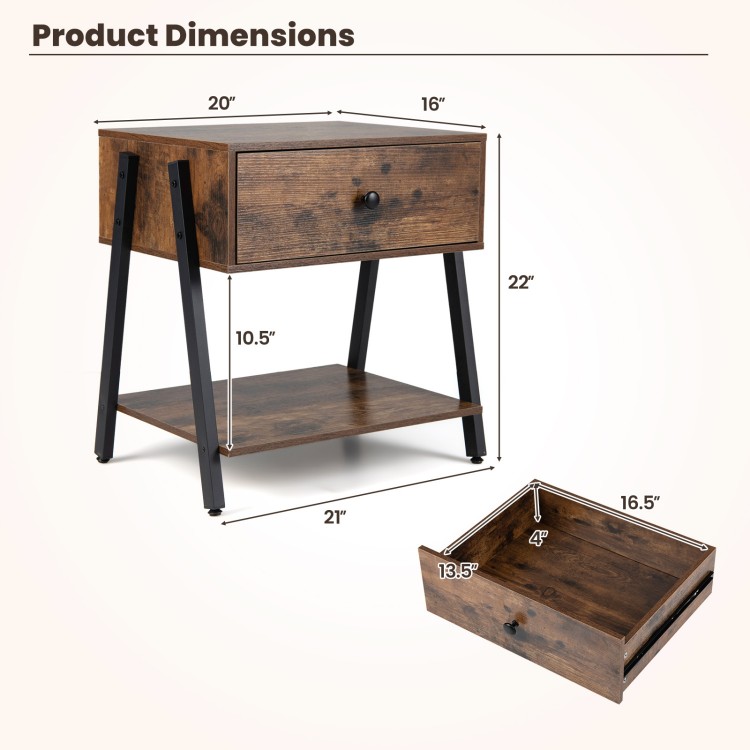 Industrial nightstand in rustic brown with a spacious tabletop, drawer, and open shelf for versatile bedroom storage.
