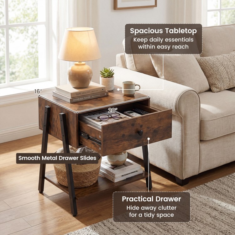 Rustic brown industrial nightstand featuring a spacious 20"x16" tabletop and practical drawer for organized storage.