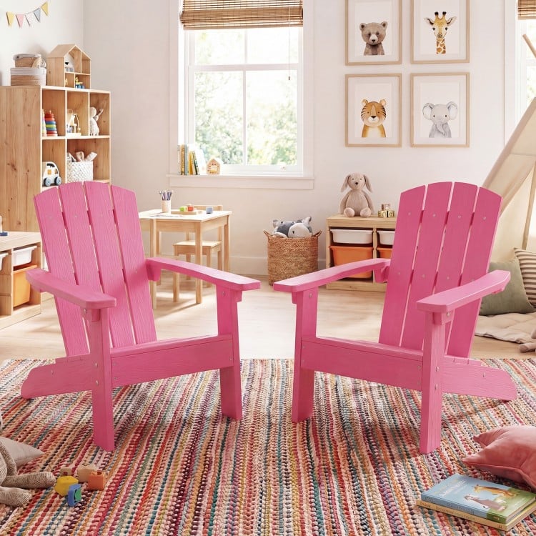 Set of 2 pink kid's Adirondack chairs with high backrest and armrests, perfect for indoor or outdoor use.