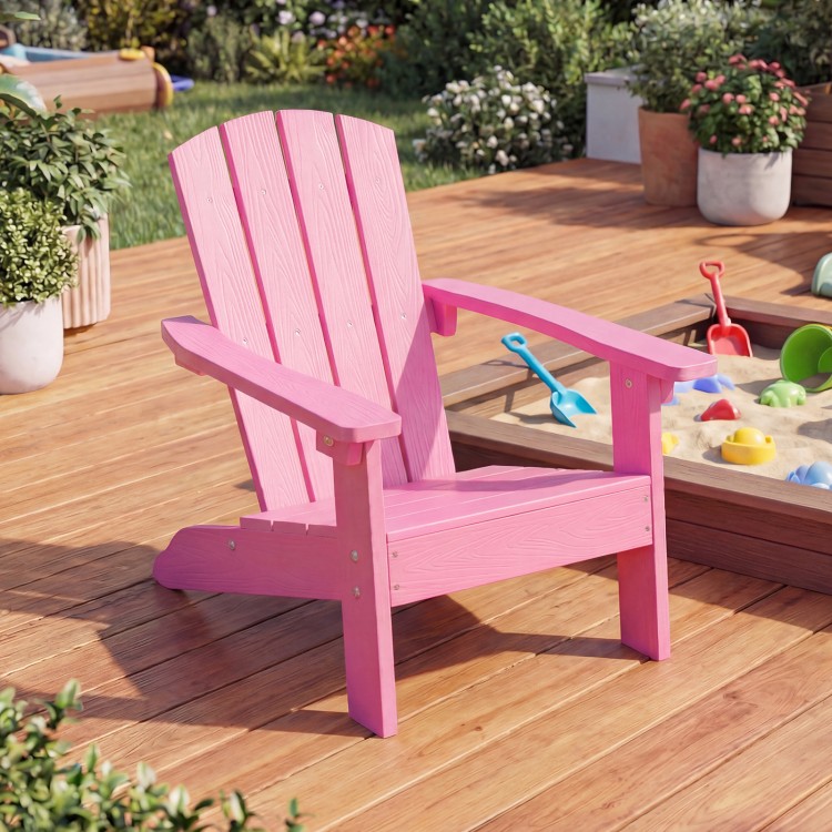Pink kid's Adirondack chair with high backrest and armrests, designed for ages 3-8, perfect for indoor or outdoor use.